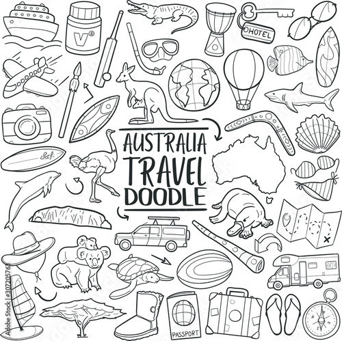 Australia Icons Travel. Tourism Set Famous Country. Traditional Doodle Drawn Sketch Hand Made Design Vector.