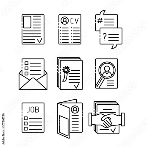 Business flat design set infographics elements isolated, vector shapes. Icons of resume, search for employees, interview, CV, HR, vacancies, employment contract, recruitment, awards and skills.