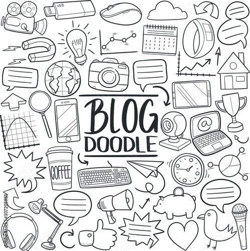 Blog Internet Work. Objects Logo Digital Social Media. Traditional Doodle Drawn Sketch Hand Made Design Vector.