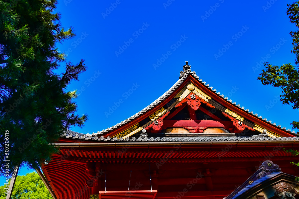Ueno Shrine in The Morning, the Japanese shrine with the clear blue-sky background