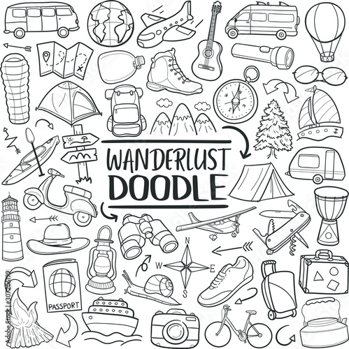 Wanderlust Lifestyle Travel. Doodle Line Art Illustration. Hand Drawn Vector Clip Art.