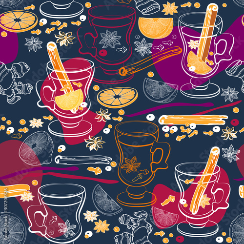 Mulled wine. Seamless pattern with Christmas winter spice. Vector illustration.