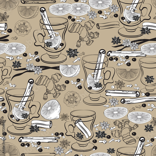 Mulled wine. Seamless pattern with Christmas winter spice. Vector illustration.