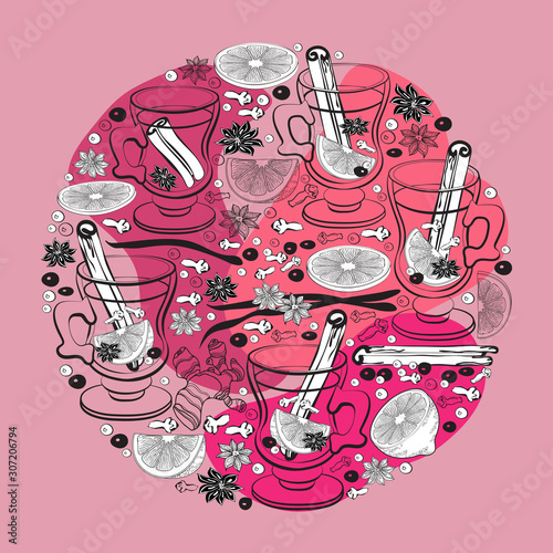 Mulled wine. Christmas hot drink. Glass and spices. Vector illustration.