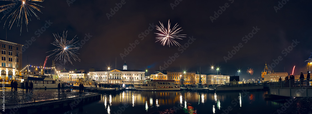 New Year fireworks in Helsinki. Beautiful night panorama.