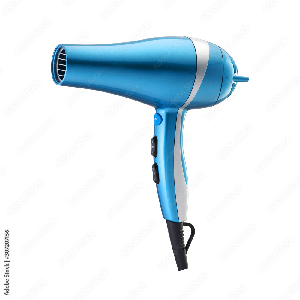 Blue Hair Dryer Isolated on White Background. Metallic Hairdryer.  Professional Hair Styling Tools and Equipment. Hair Care Tool. Personal  Care Electrical Appliances. Electric and Household Appliances Stock Photo |  Adobe Stock