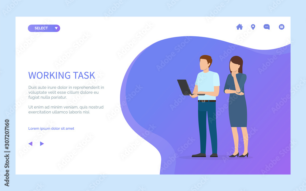 Man and woman standing together, male holding wireless device or laptop, workers full length and portrait view, teamwork of people online vector. Website or webpage template, landing page flat style Man and woman standing together, male holding wireless device or laptop, workers full length and portrait view, teamwork of people online vector. Website or webpage template, landing page flat style