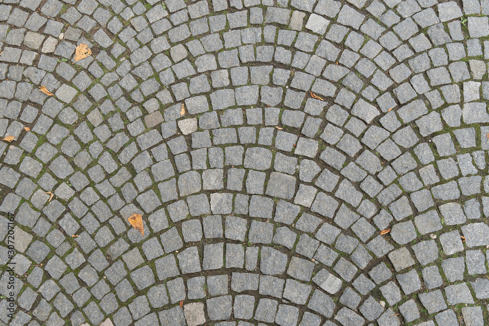 Paving stone square fan. Gray stone pavement and footpath in the fall with fallen leaves. European smooth cobblestone.