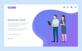 Man and woman standing together, male holding wireless device or laptop, workers full length and portrait view, teamwork of people online vector. Website or webpage template, landing page flat style