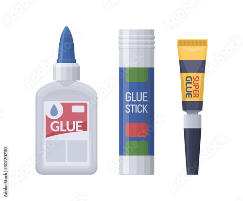 Vector glue set. Stationery flat isolated illustration. Bottle stick super glue