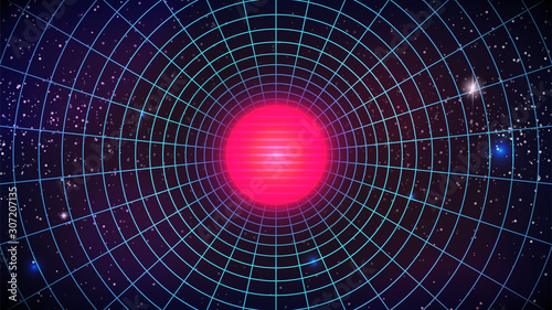 Synthwave Sun Background. Retro futuristic radial grid on dark starry sky. Virtual scene with pink glowing sun. 80s abstract sci-fi style. Retro party flyer, poster template. Stock vector illustration