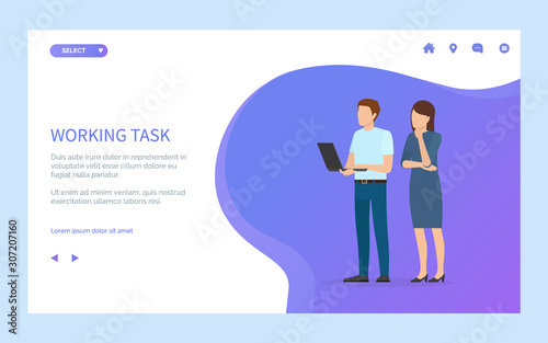 Man and woman standing together, male holding wireless device or laptop, workers full length and portrait view, teamwork of people online vector. Website or webpage template, landing page flat style