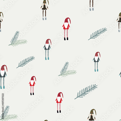 Seamless pattern with nordic gnomes and pine tree spruce.