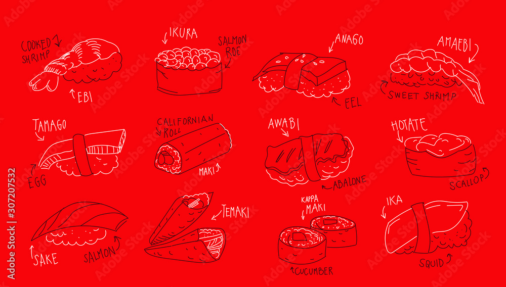 Decorative Sushi types with ingredients captions hand drawn set 1 Stock ...