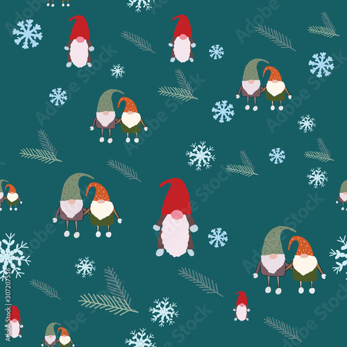 Seamless pattern with snowflakes, scandinavian gnomes and pine tree spruce.