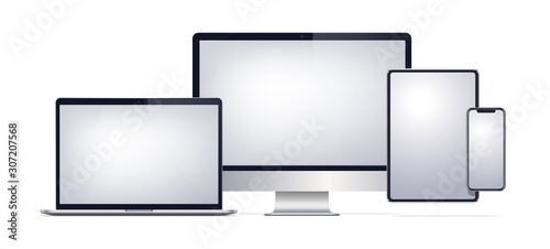 Laptop tablet phone computer screen. Cellphone mockup. Monitor notebook pad smartphone. Vector realistic illustration