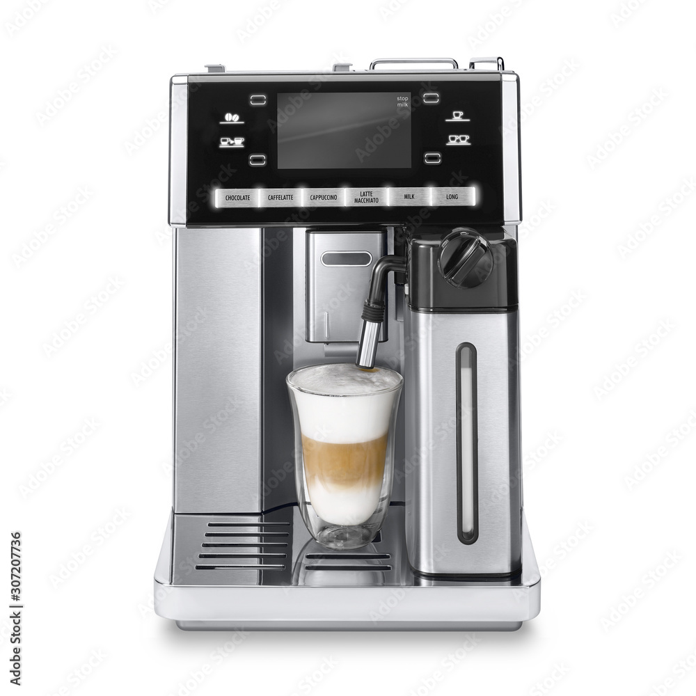 Foto de Coffee Machine Isolated on White. Front View Stainless