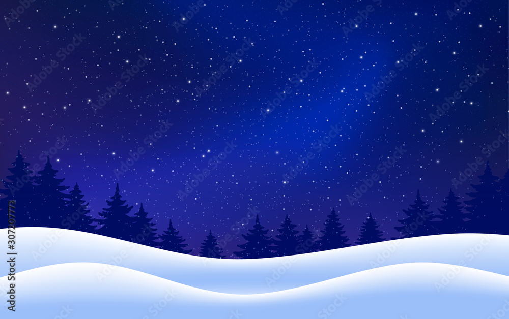 Vector winter starry background. Night with fir trees snow dark blue sky.  Vector illustration. Merry Christmas card. Holiday scene design, decor for  banner, web, poster. Vector illustration. Stock Vector | Adobe Stock