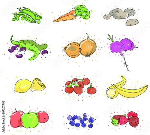 Fototapeta Naklejka Na Ścianę i Meble -  Hand sketched fruit and vegetables icon set
