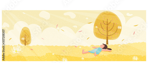 vector illustration of spring summer scene.Little girl Lie on your back at the lawn or yard with happy face.Windy,apple blossom and dandelion flower sweep away.Banner for spring and summer.
