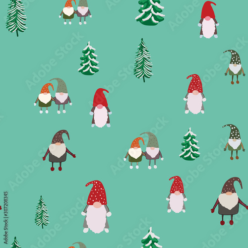 Seamless pattern with pine trees and scandinavian gnomes.