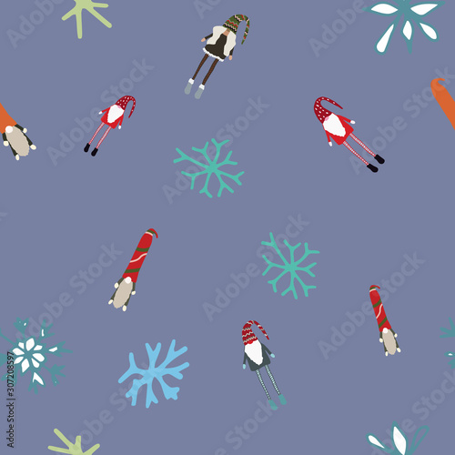 Seamless design with scandinavian gnomes and winter snowflakes.