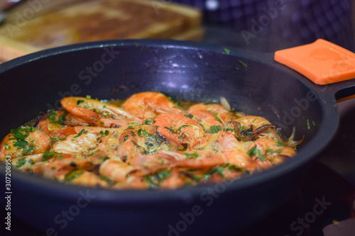 Cooked prawns in the pan