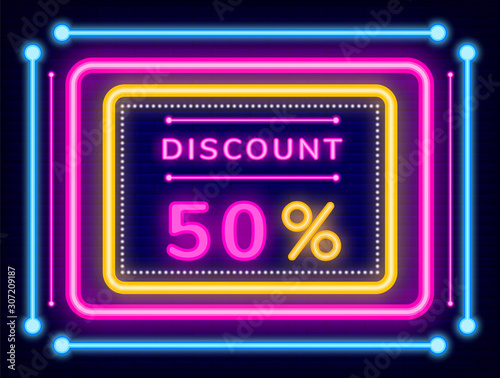 Neon sign with 50 percent reduction discount vector. Isolated signboard with glowing lights on frame. Lowering of price, buying gin online store. Shopping using sales and offers of shops lat style