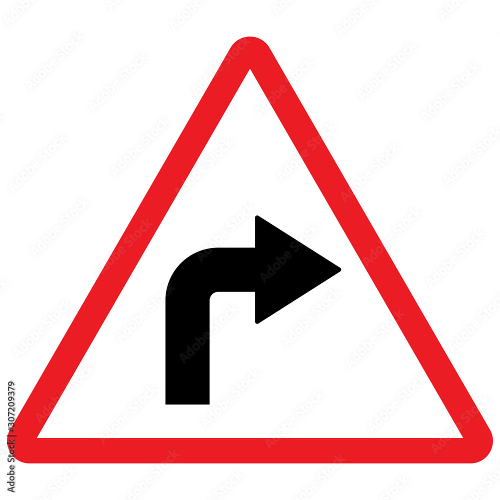Right turn traffic sign vector illustration. Red triangle post. Right turn traffic sign vector illustration. Red triangle post.
