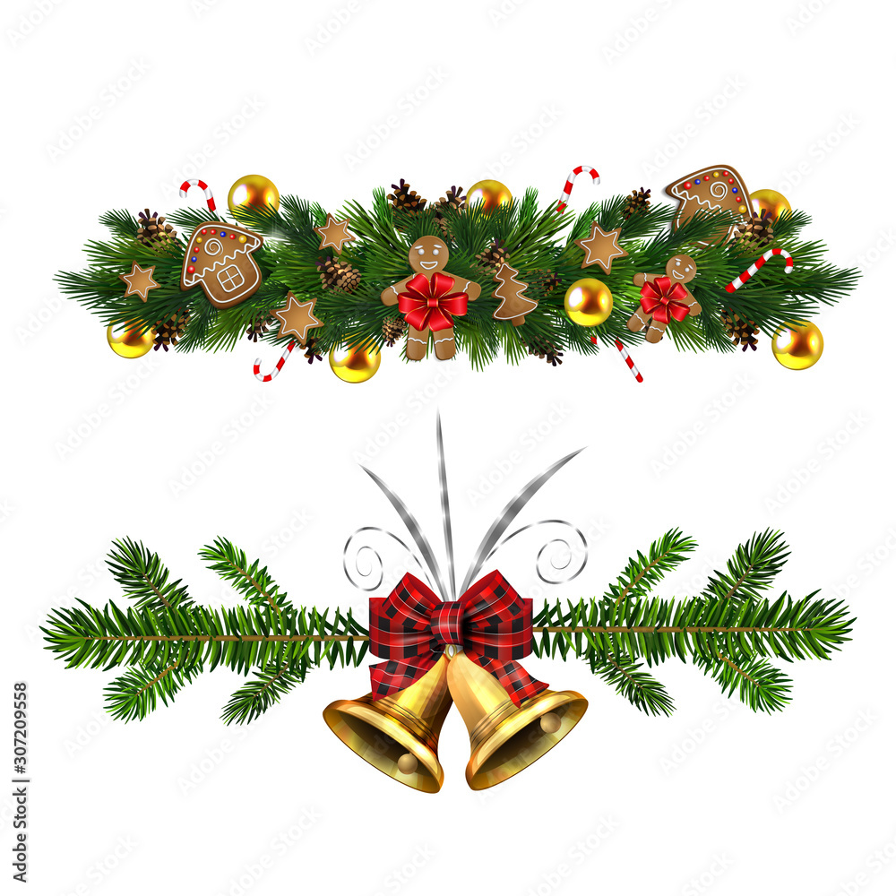 Christmas decorations with fir tree golden jingle bells Christmas decorations with fir tree golden jingle bells