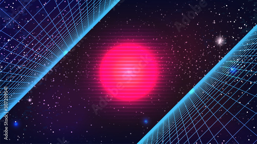 Synthwave Sun background. 80s Retro Future pink star with blue inclined perspective grids. Sci-fi virtual 3d scene on dark starry sky. Synthwave party flyer, poster template. Stock vector illustration