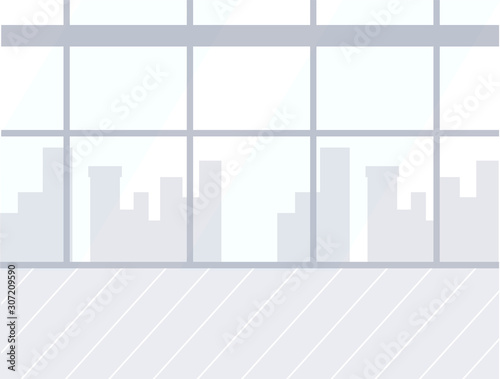 Skyscrapers in window, airport empty room interior design vector. Glass wall and wooden floor, cityscape and towers silhouette, departure or arrival