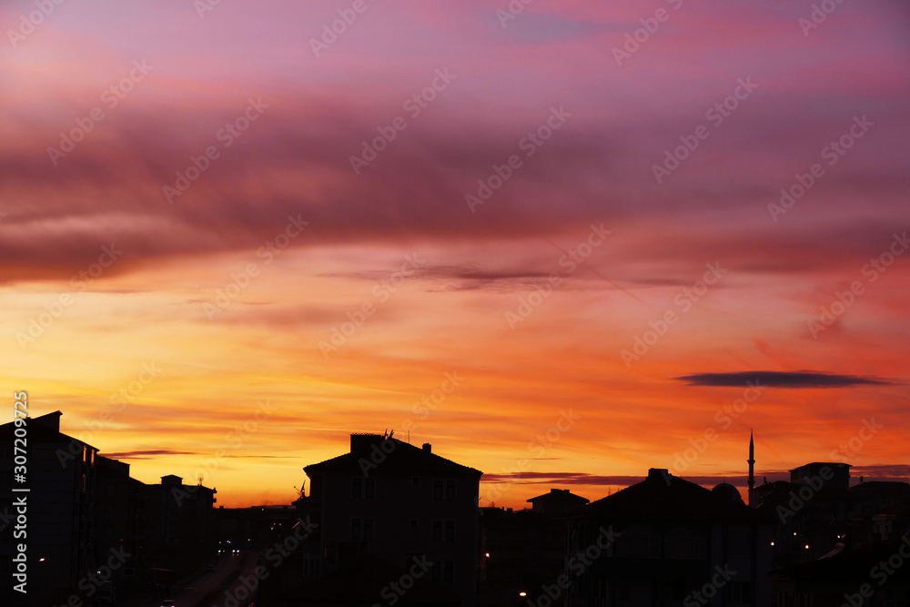 red sky, a city at sunset, red dawn, red sky, a city at sunset, red dawn,