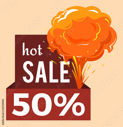 Sale promotional banner, discount 50 percent off. Isolated announcement with stripes and explosions. Proposal half price reduction, shop and market cost lowering. Explosion vector in flat style