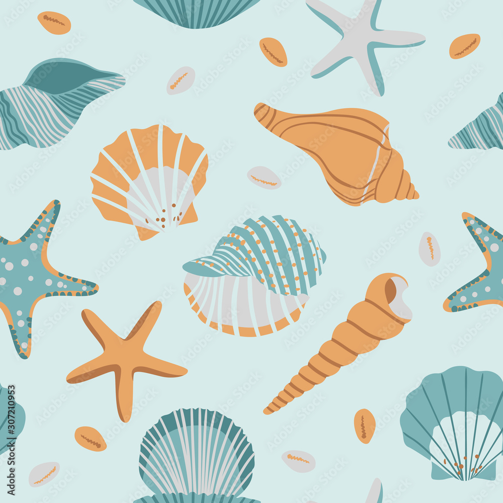 Seamless pattern with seashells and starfishes. Colorful illustration in blue, gray and orange colors. Marine background. Vector illustration.