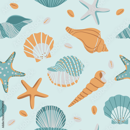 Seamless pattern with seashells and starfishes. Colorful illustration in blue, gray and orange colors. Marine background. Vector illustration. © shmatia