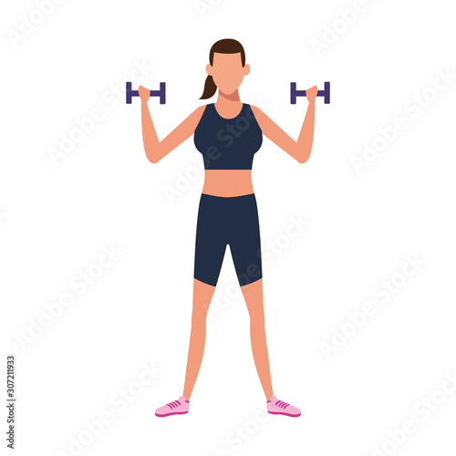 woman lifting dumbbells icon, flat design