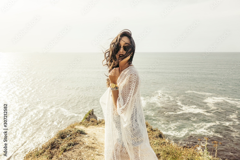 Young woman on viewpoint, Getxo, Spain Young woman on viewpoint, Getxo, Spain
