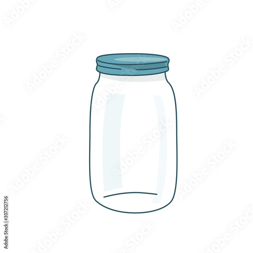 Empty glass jar vector illustration with lid. Cap close blank mason bottle. Simple flat cartoon background