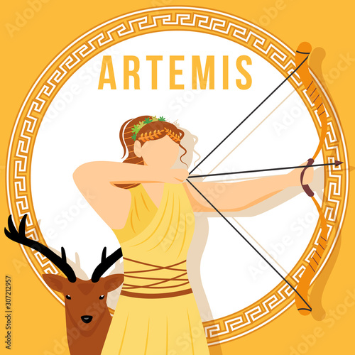 Artemis orange social media post mockup. Ancient Greek goddess. Mythological figure. Web banner design template. Social media booster, content layout. Poster, printable card with flat illustrations