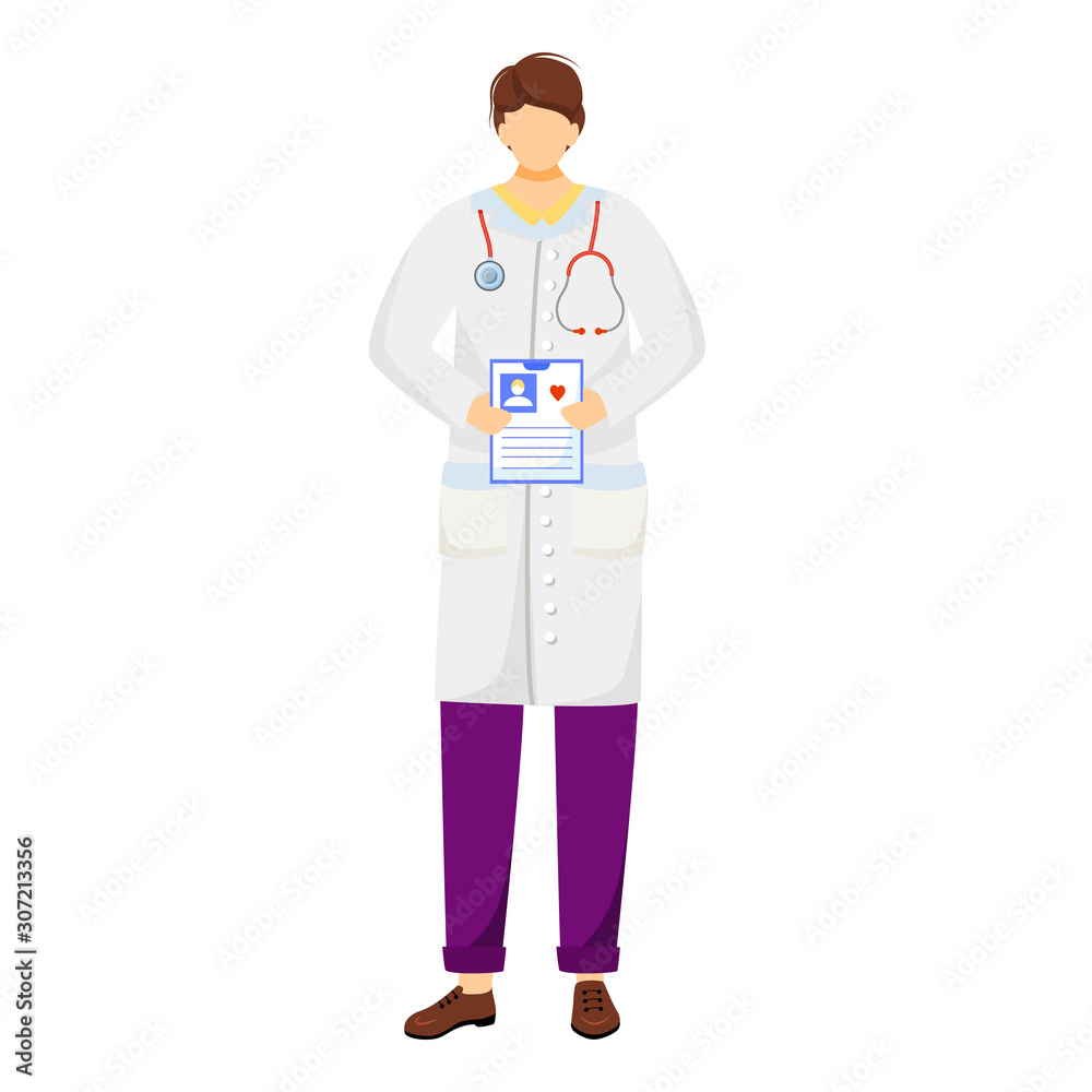 Female doctor flat vector illustration. General practitioner holding patient card. Therapist, physician with stethoscope. Medical worker. Doc, medic, cardiologist cartoon character isolated on white Female doctor flat vector illustration. General practitioner holding patient card. Therapist, physician with stethoscope. Medical worker. Doc, medic, cardiologist cartoon character isolated on white