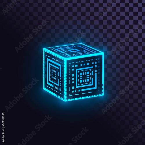 Glowing blue neon cube, futuristic box or block