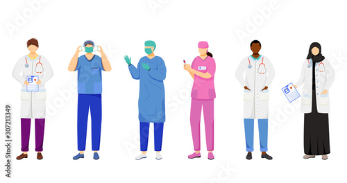 Doctors flat vector illustrations set. Multicultural therapists, general practitioners. Surgeon, nurse cartoon characters. Female arabic medic, african american physician isolated on white background