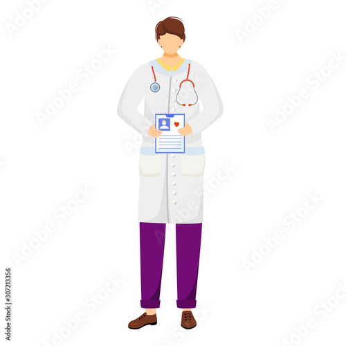 Female doctor flat vector illustration. General practitioner holding patient card. Therapist, physician with stethoscope. Medical worker. Doc, medic, cardiologist cartoon character isolated on white