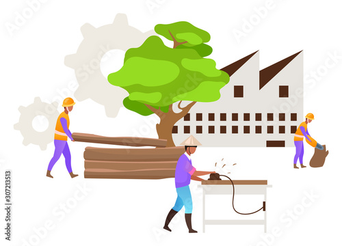Hardwood timber production flat vector illustration. Industrial wood. Forest exploitation. Logging. Furniture manufacturing. Indonesian business. Isolated cartoon concept on white background photo
