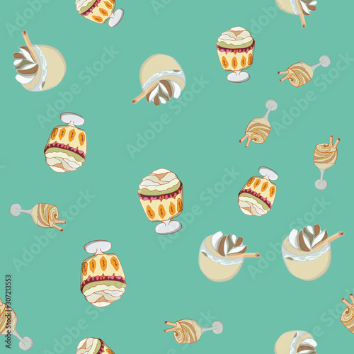 Seamless pattern with Christmas trifle pudding and eggnog.