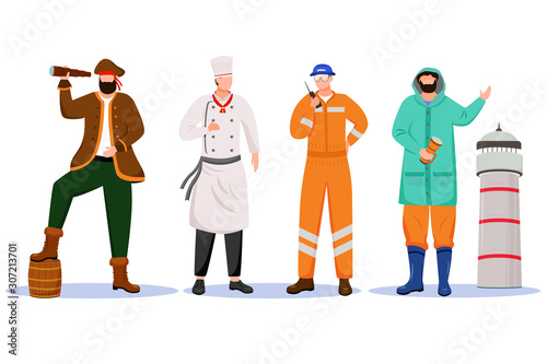Maritime professions flat vector illustration. Ship cheaf and lighthouse keeper. Marine occupation. Pirate and engineer isolated cartoon characters on white background