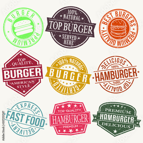 Burger Stamp Quality Seal Vector Art Design. Logo Vectorial Fast Food. Badge Color Hamburger.