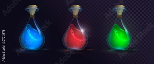 Set of glass bottles with potions: blue red and green. Potion of Mana, Health, and Power
