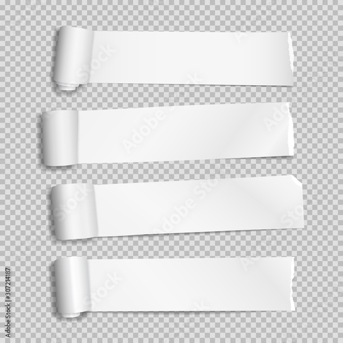 Rolled and ripped white note paper pieces, strips are on squared background for text. Vector illustration